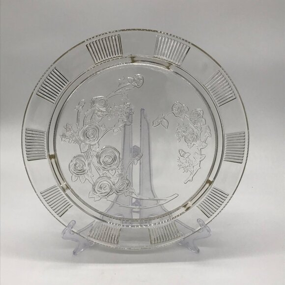 Federal Clear Glass Sharon Cabbage Open Rose Cake Plate, Floral Design & Ribbed - Picture 4 of 8